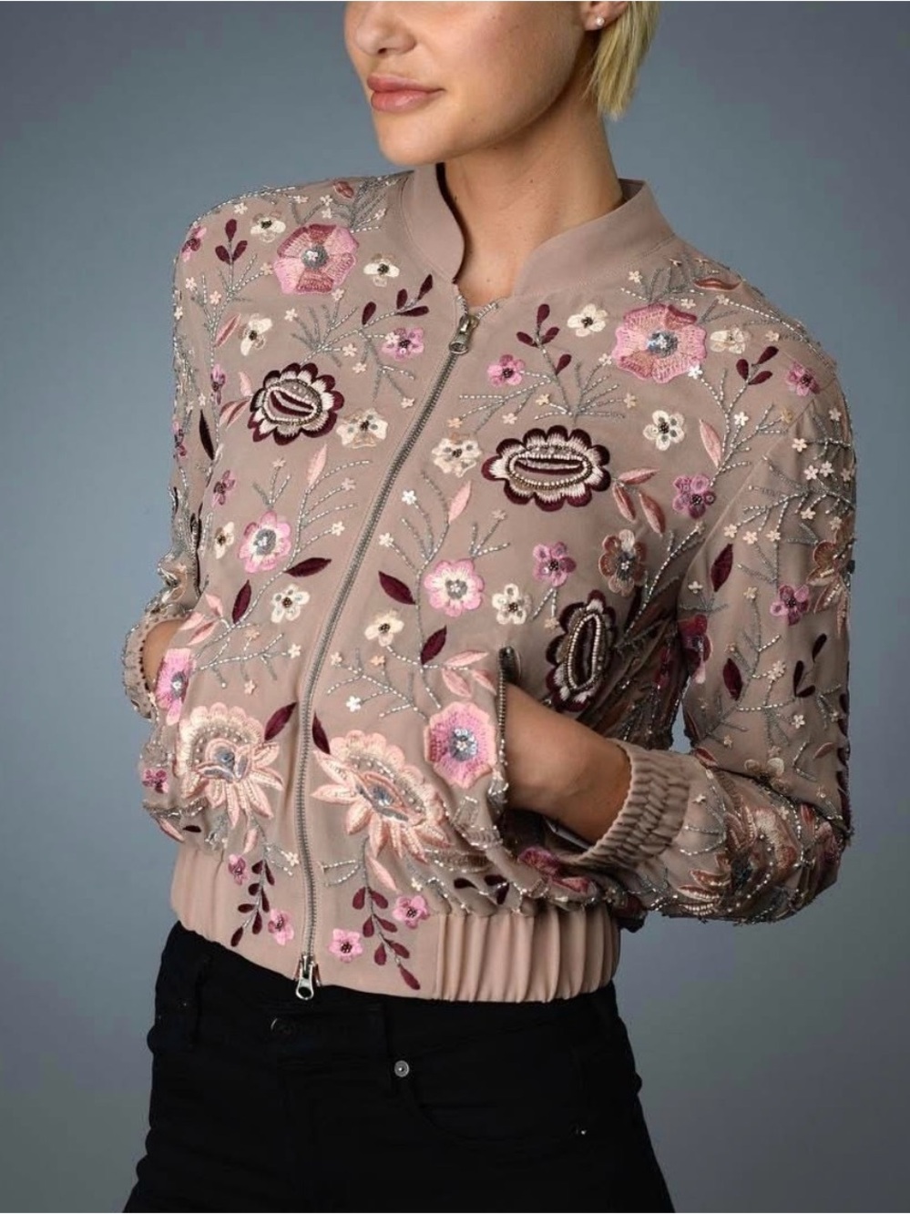 RD + KOKO Multi Floral Embroidered Embellished Zip Front Bomber Taupe Jacket  M